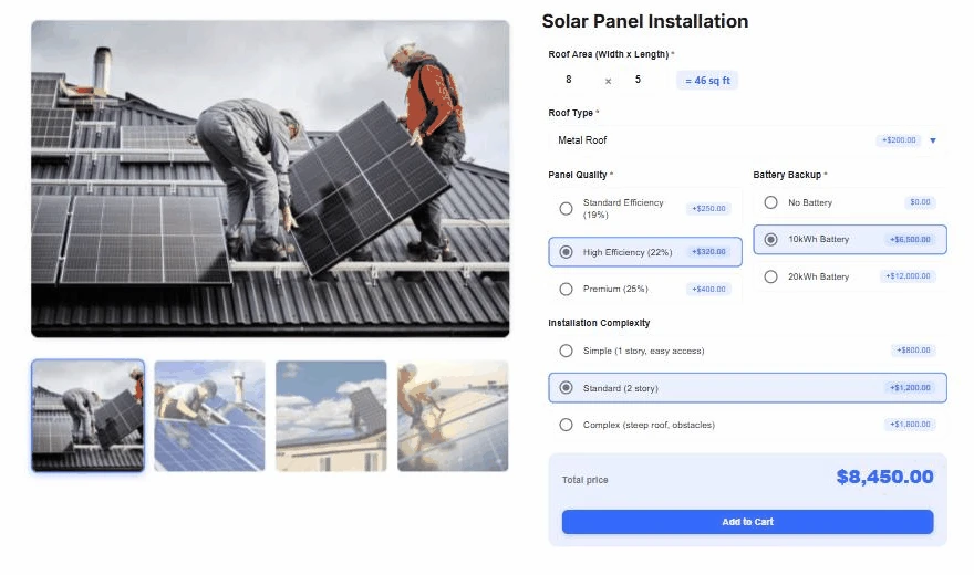 A WooCommerce solar panel installation product priced live from roof size, panel quality and battery, showing 8,450 dollars with no quote request needed