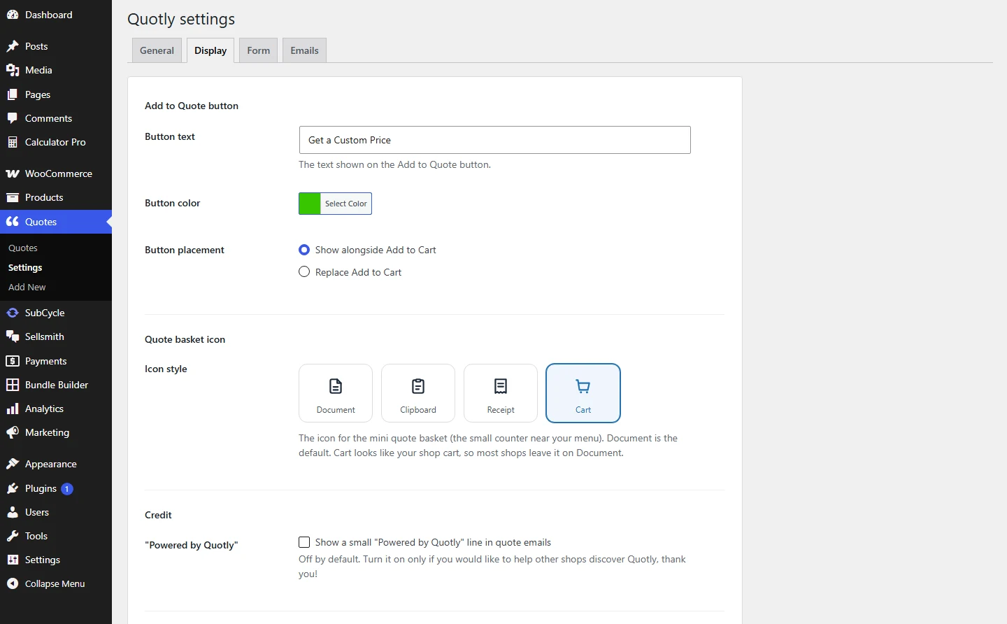QuoteWise display settings