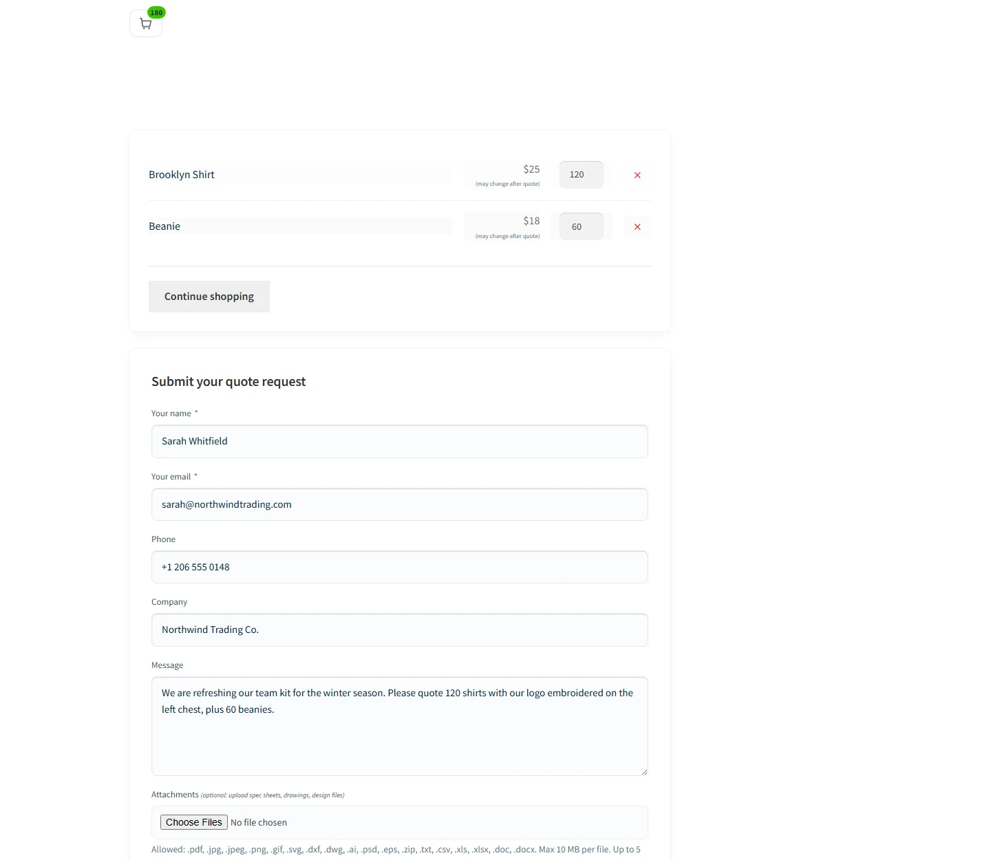 The Quotly quote basket page with the request form