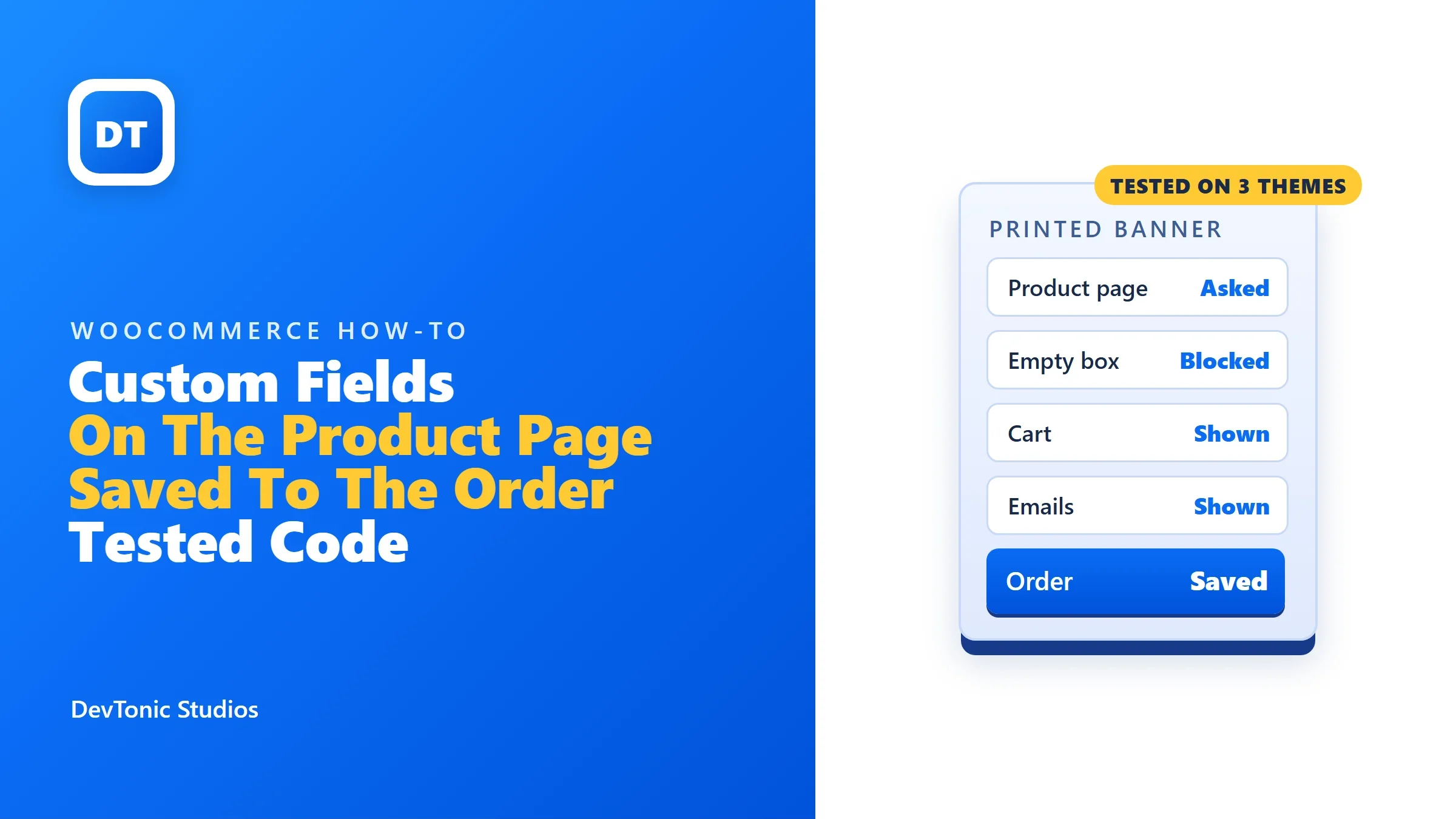 Custom fields on a WooCommerce product page, asked on the page, blocked when empty, shown in the cart and the emails, and saved on the order