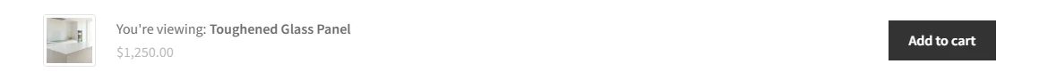 The Storefront sticky bar at the top of a scrolled product page showing $1,250.00 and an Add to cart button although the snippet removed the main price