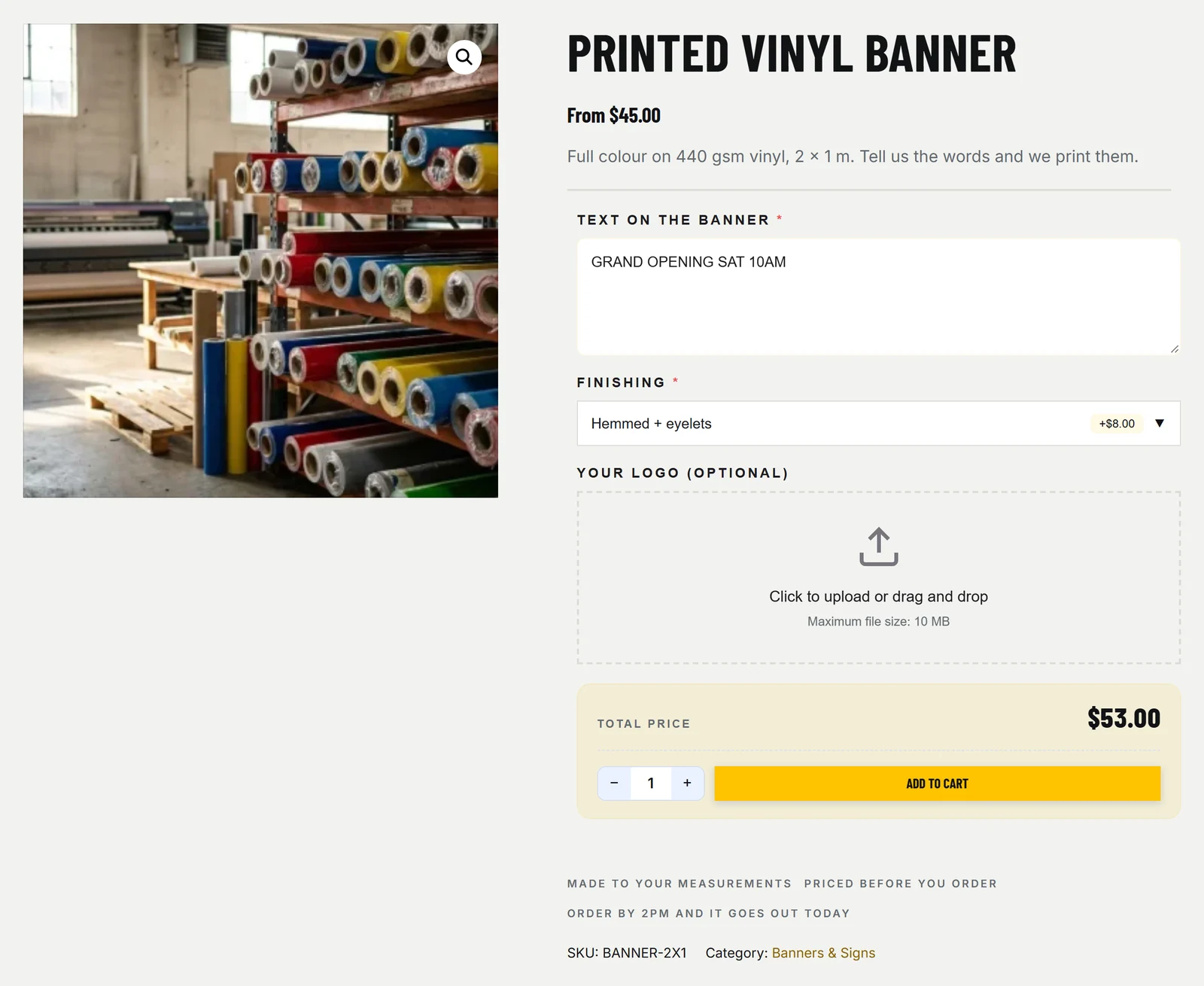 A printed vinyl banner product page on the StoreWise theme with PriceWise Pro fields: Text on the banner, a Finishing dropdown set to Hemmed + eyelets at +$8.00, a logo upload, and a total price of $53.00