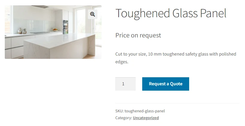 A WooCommerce product page with QuoteWise: Price on request where the price was, and a Request a Quote button instead of Add to cart