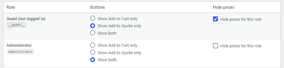 QuoteWise Pro Visibility Rules: guests set to quote only with prices hidden, other roles set per role