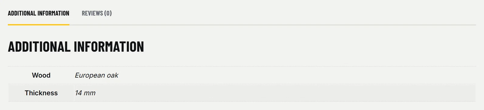 The Additional information tab on a WooCommerce product page on the StoreWise theme, showing Wood: European oak and Thickness: 14 mm
