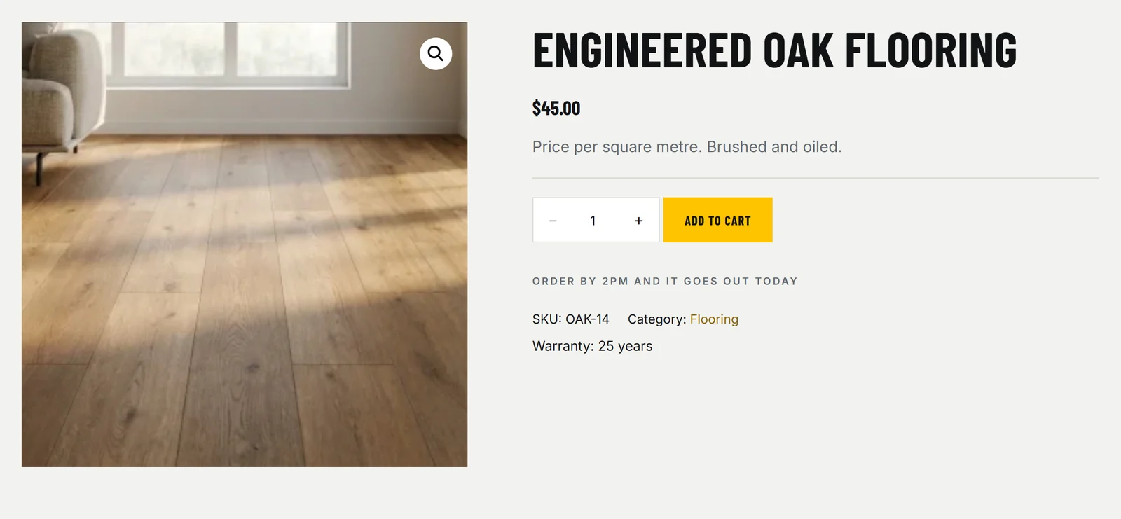 A WooCommerce product page on the StoreWise theme showing Warranty: 25 years under the SKU and category, from a custom field