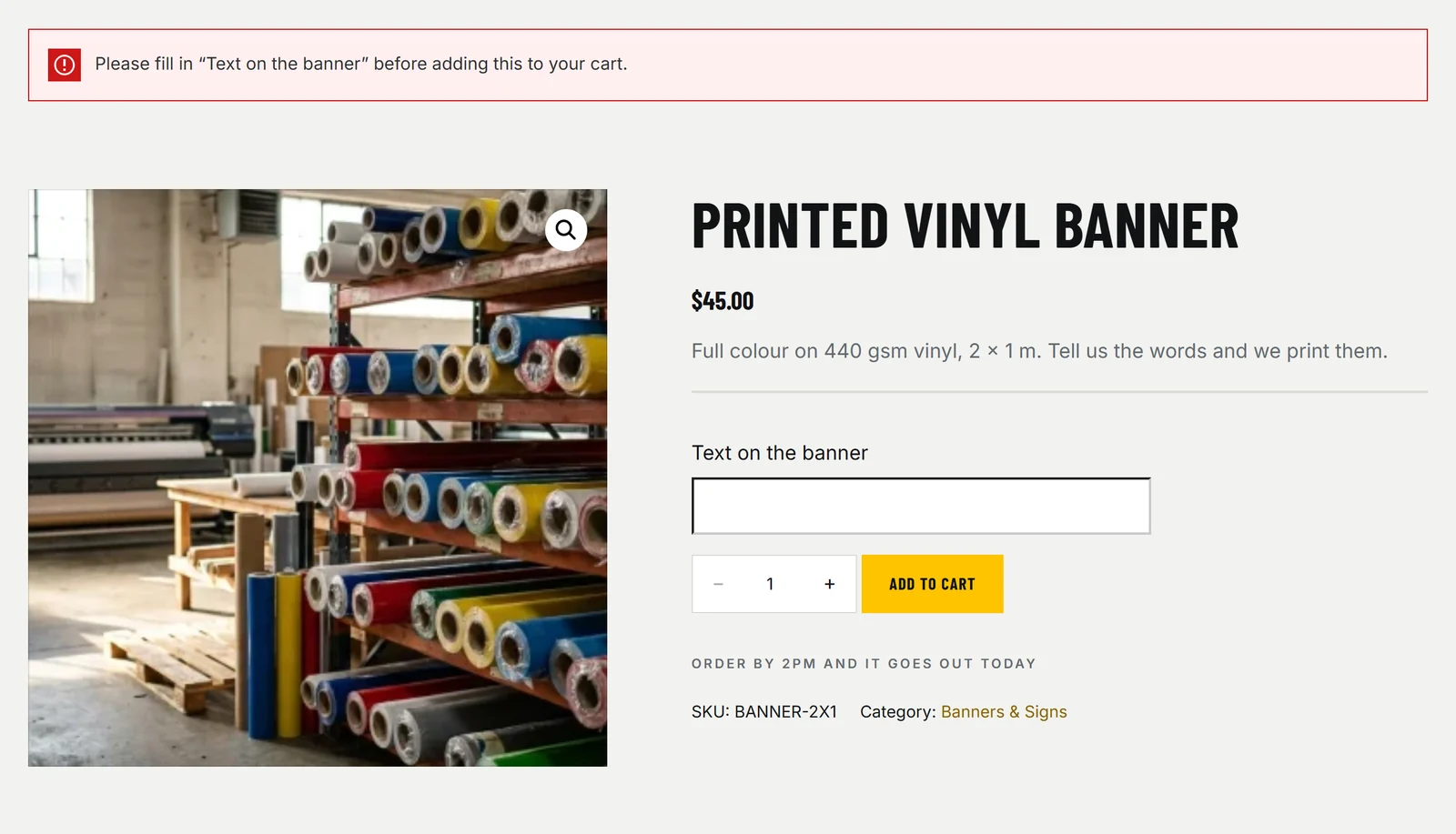 A WooCommerce product page on the StoreWise theme with the message: Please fill in Text on the banner before adding this to your cart
