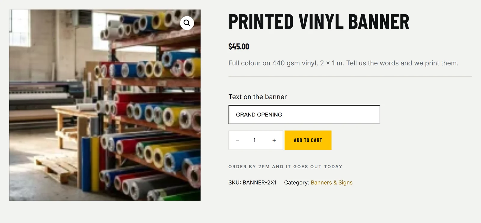 A WooCommerce product page for a printed vinyl banner on the StoreWise theme with a Text on the banner box filled in above the Add to cart button