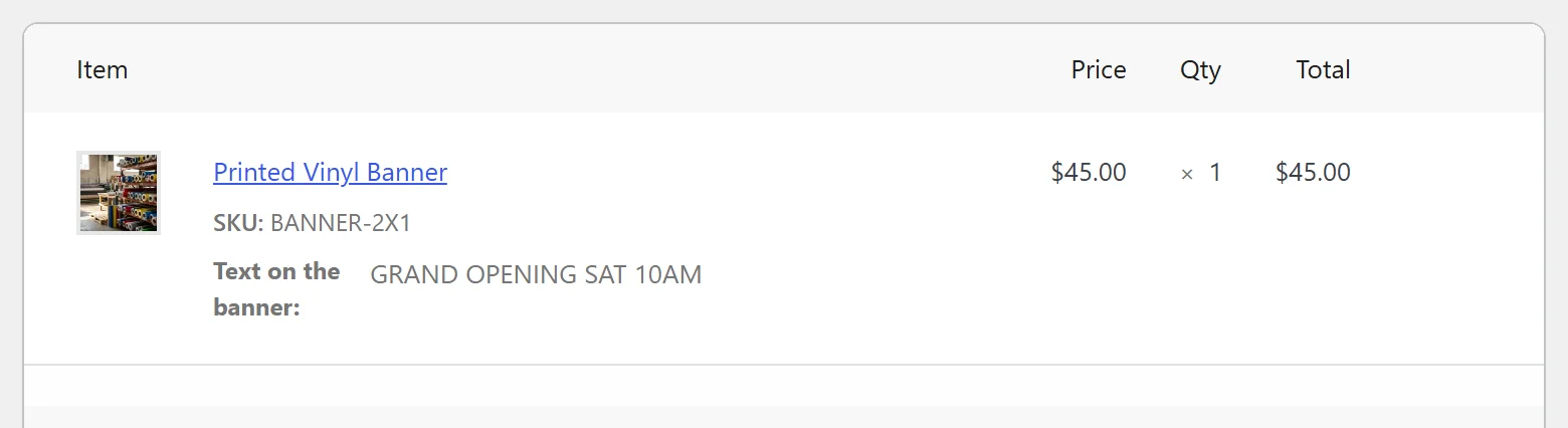 A WooCommerce order in the admin showing the printed vinyl banner with Text on the banner: GRAND OPENING SAT 10AM