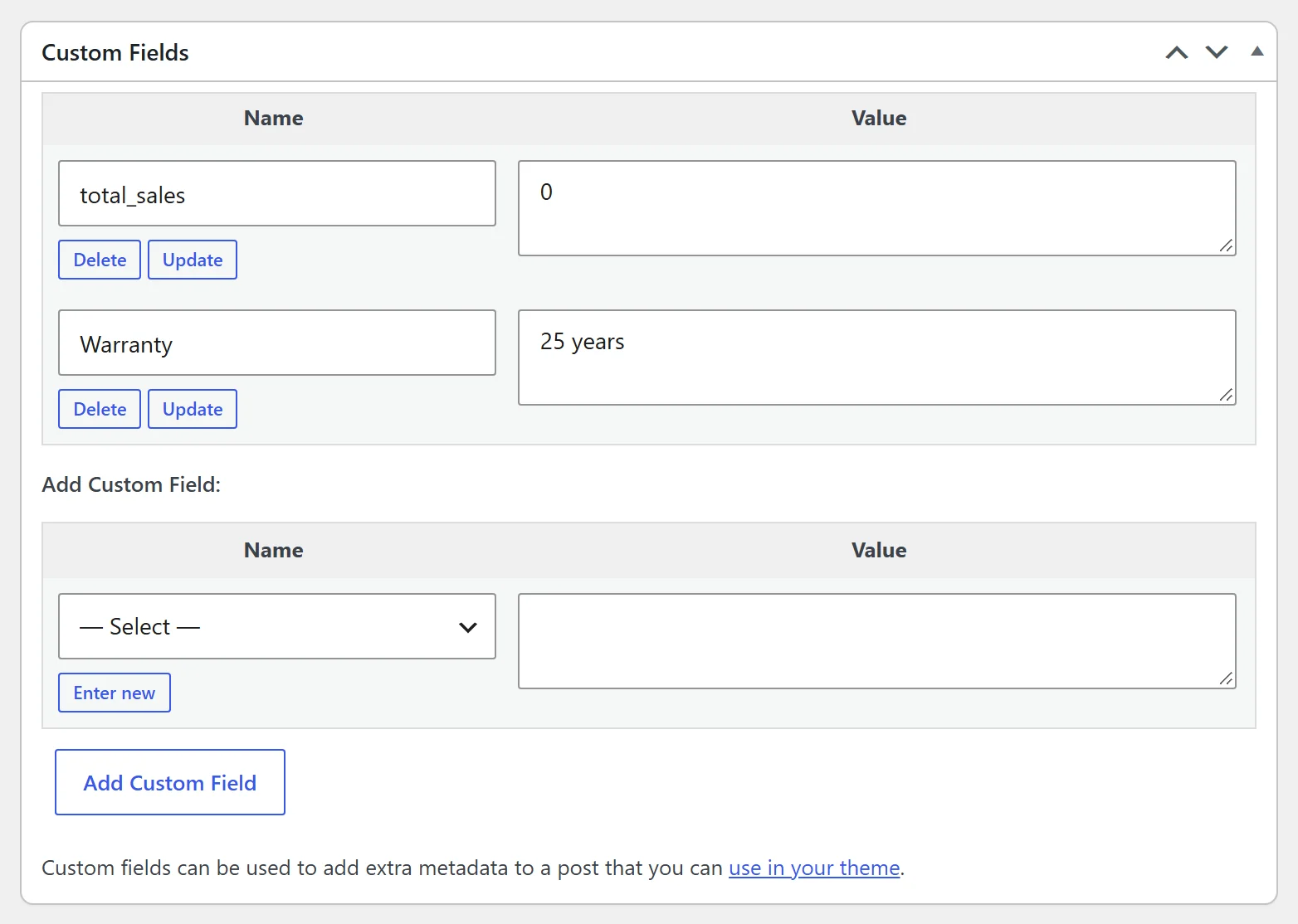 The Custom Fields box on the WooCommerce product edit screen with a field named Warranty and the value 25 years