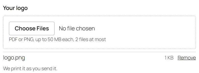 A Files block on a product page: PDF or PNG, up to 50 MB each, 2 files at most, with one picked file and Remove
