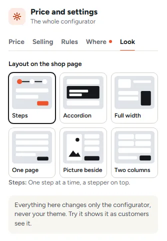 Price and settings, Look: Layout on the shop page, with Steps, Accordion, Full width, One page, Picture beside and Two columns, and Steps picked