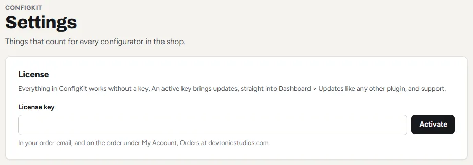 ConfigKit, Settings: the License card, with the License key box and the Activate button