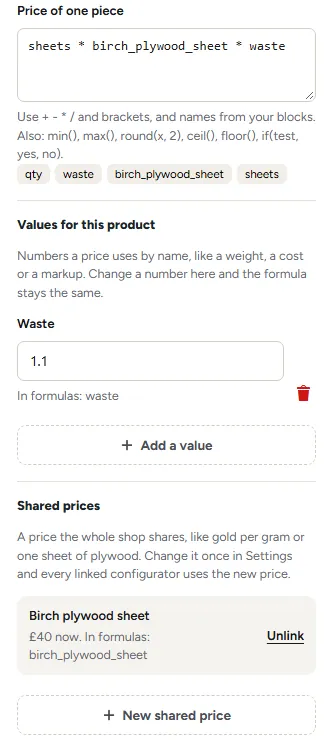 Price and settings, Price: the formula sheets * birch_plywood_sheet * waste with its name chips, Values for this product with Waste, and Shared prices with Birch plywood sheet linked, Unlink and New shared price