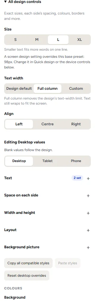 All design controls for a heading: Size, Text width, Align, the screen being edited, Text, Space on each side, Width and height, Layout, Background picture, the colours and the space above and below