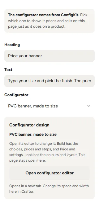 A configurator picked on a page: Pick a configurator, the configurator design, and Open configurator editor, which opens ConfigKit's editor in a new tab