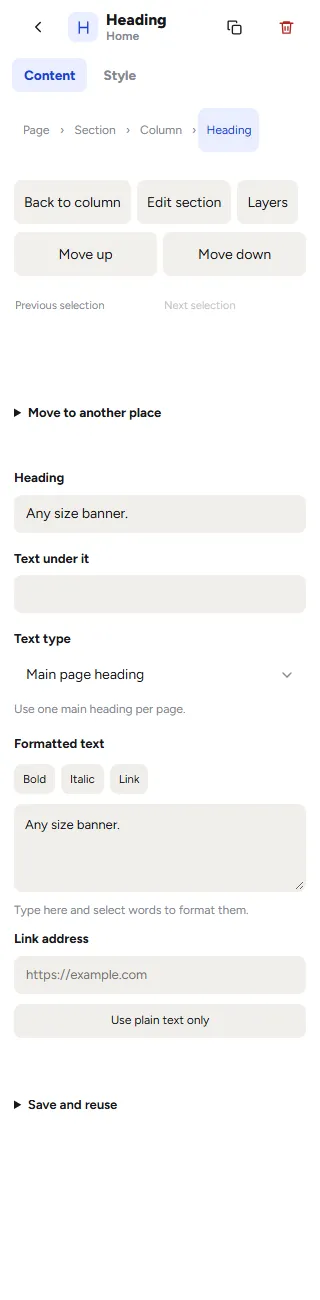 A heading's Content tab: Page, Section, Column, Heading, Back to column, Edit section, Layers, Move up, Move down, Move to another place, the heading's words, Text type, Formatted text with Bold, Italic and Link, and Save and reuse