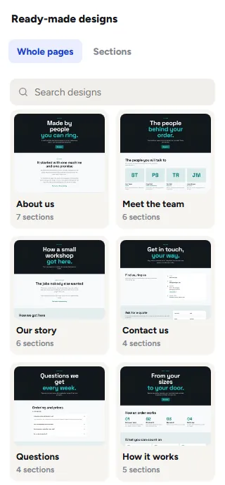 Designs, Whole pages: About us, Meet the team, Our story, Contact us, Questions and How it works, each with a picture and its number of sections