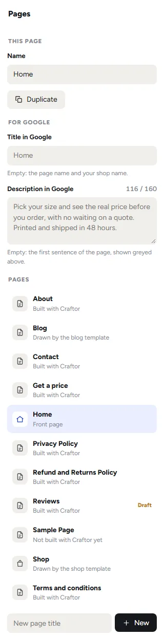 The Pages panel: This page with the name and Duplicate, For Google with the title and description, then every page saying how it is built