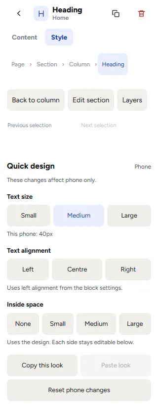 Quick design for the phone: These changes affect phone only, Text size with the size on this phone, Text alignment, Inside space, Copy this look, Paste look and Reset phone changes