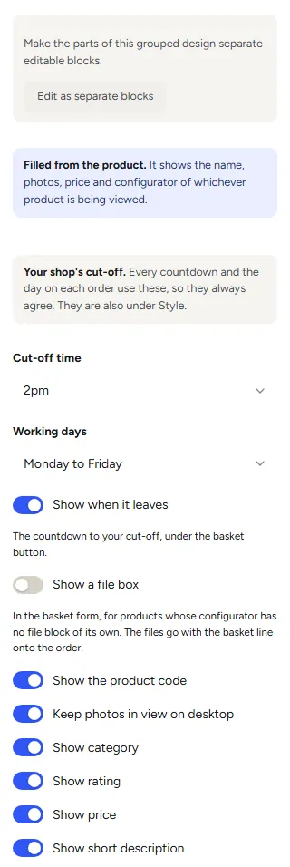 The product picked in a product page template: Edit as separate blocks, then the cut-off time, working days, Show when it leaves, Show a file box, the product code, Keep photos in view on desktop, the category, rating, price and short description, and Product details order