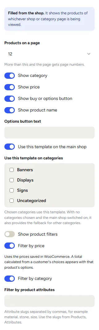 Shop products picked in the shop template: Products on a page, what each card shows, the options button text, where the template is used, and the product filters by price, category and attributes