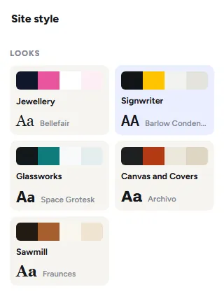 The Style panel, Site style: the five looks, Jewellery, Signwriter, Glassworks, Canvas and Covers, and Sawmill, each with its colours and heading font