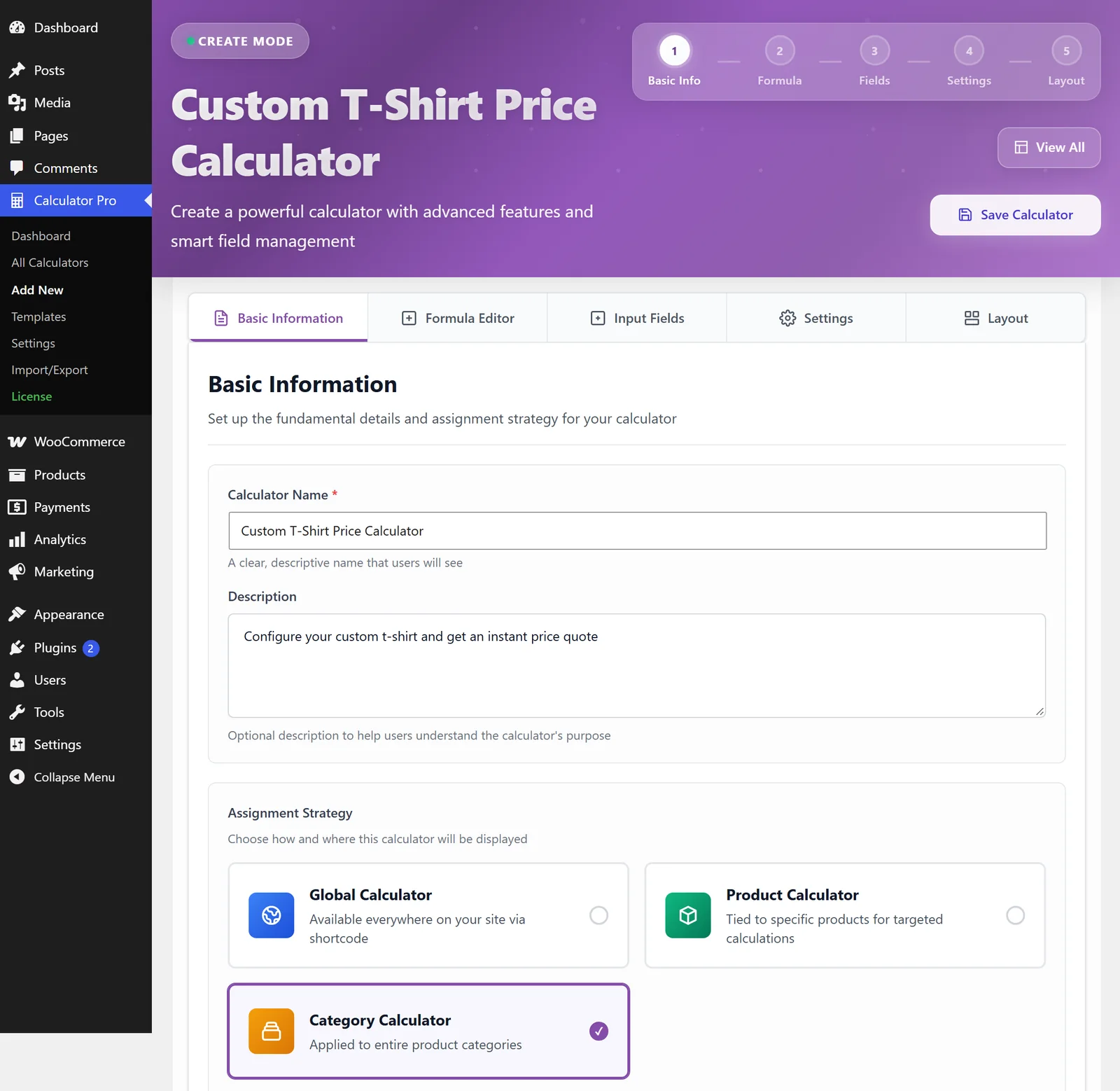 PriceWise Calculator Pro Basic Information tab with the name Custom T-Shirt Price Calculator and Category Calculator picked