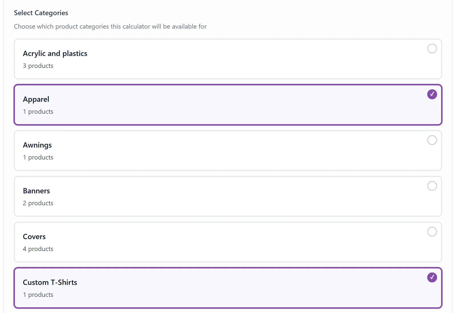 Select Categories list with Apparel and Custom T-Shirts ticked