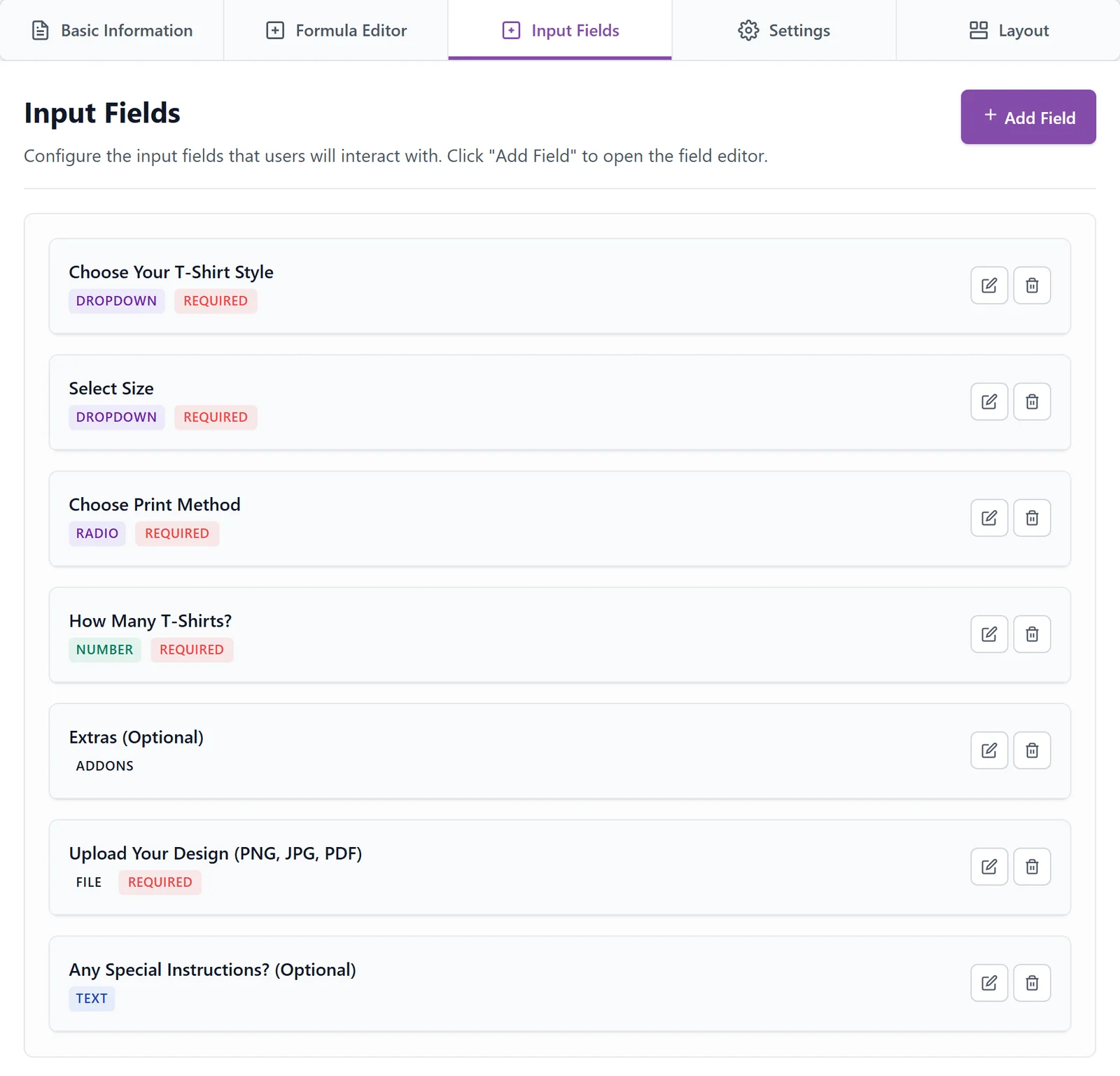 Input Fields tab listing the seven T-shirt fields with their types