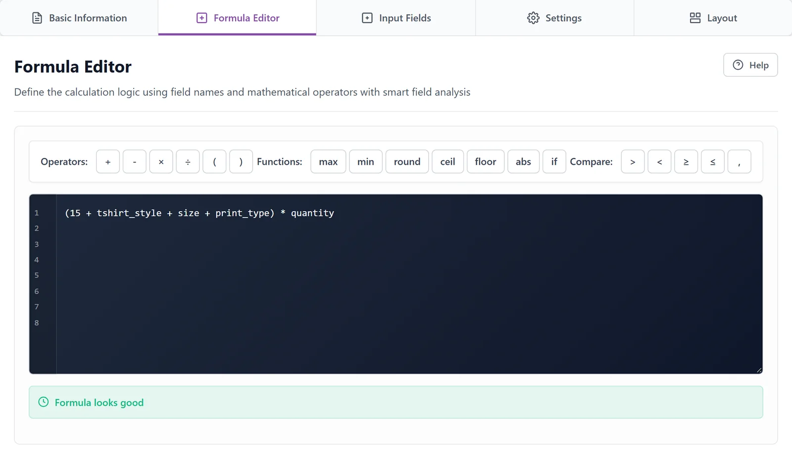 Formula Editor with the T-shirt formula and the message Formula looks good