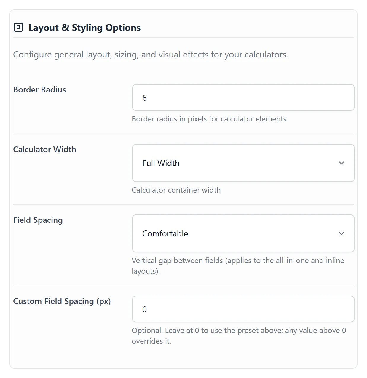 Calculator Pro Settings, Design tab, Layout and Styling Options with Calculator Width set to Full Width
