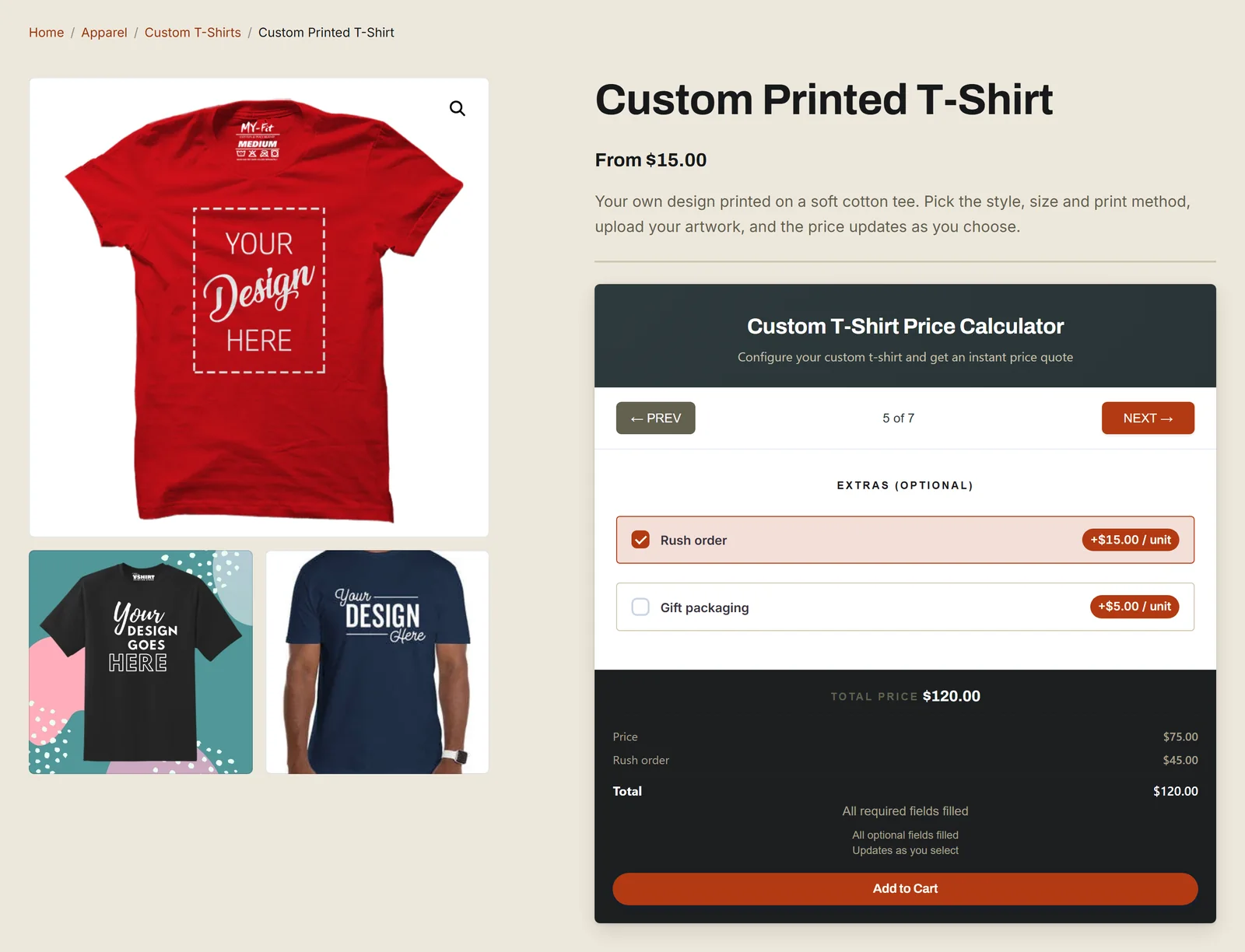 StoreWise product page for a Custom Printed T-Shirt with three photos and the step-by-step calculator on the extras question with Rush order ticked, cost list Price $75.00, Rush order $45.00, Total $120.00