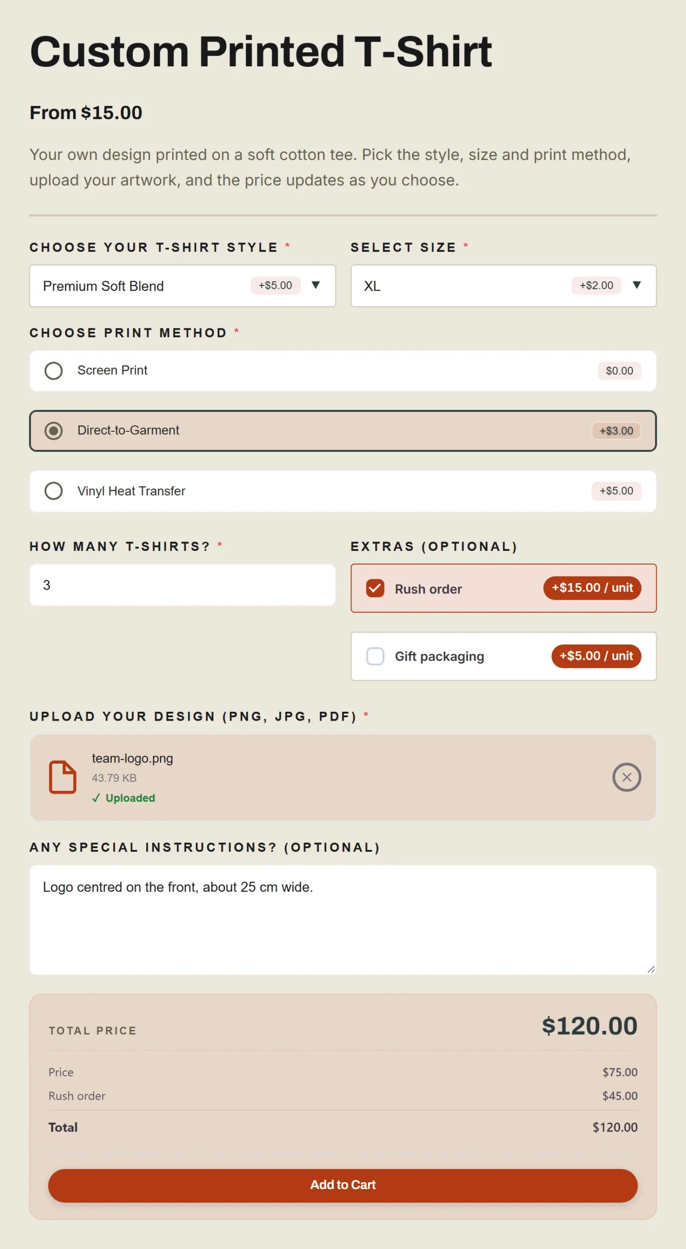 The T-shirt calculator set to Inline under the product title: style and size side by side, the number of shirts next to the extras, then the cost list, the $120.00 total and Add to Cart