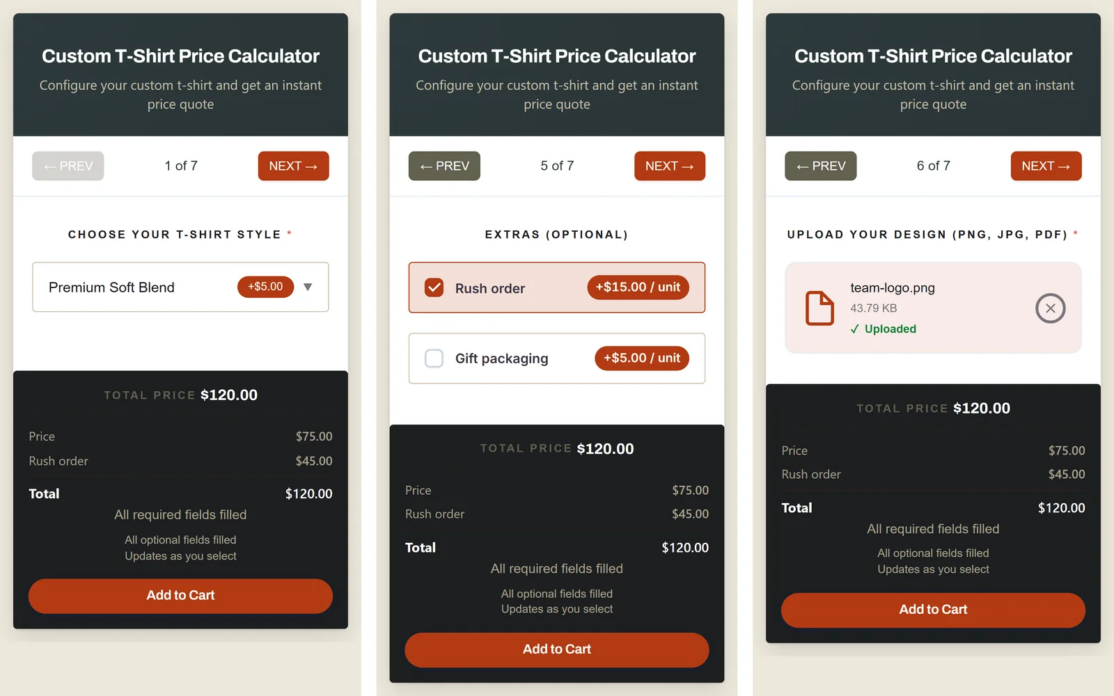 The step-by-step T-shirt calculator on a phone, three questions side by side: the style, the extras and the design upload, each with the cost list, the $120.00 total and Add to Cart