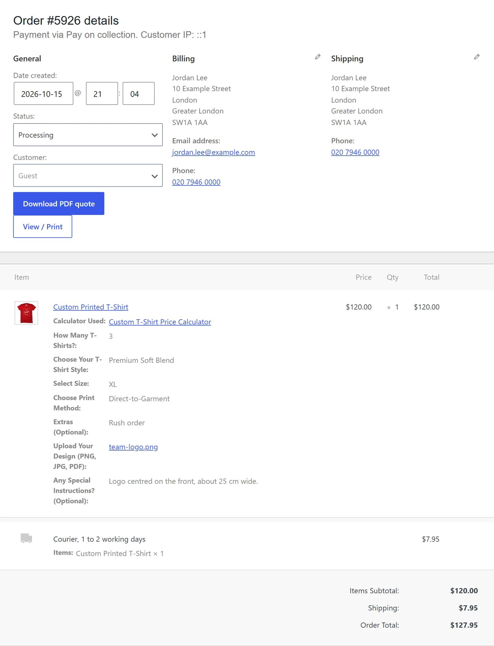 WooCommerce order screen with the Custom Printed T-Shirt at $120.00, every answer from the calculator, a link to the design file team-logo.png, shipping $7.95 and an order total of $127.95
